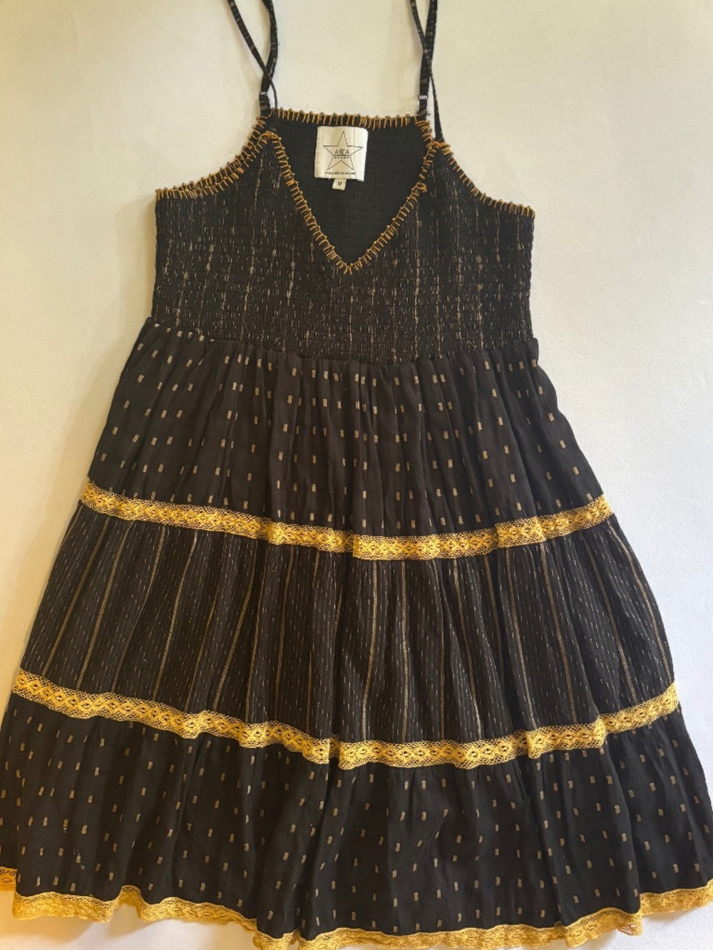 Boho Tiered Sundress Black Gold Smocked Cotton Sleeveless Midi Dress M AREA Star